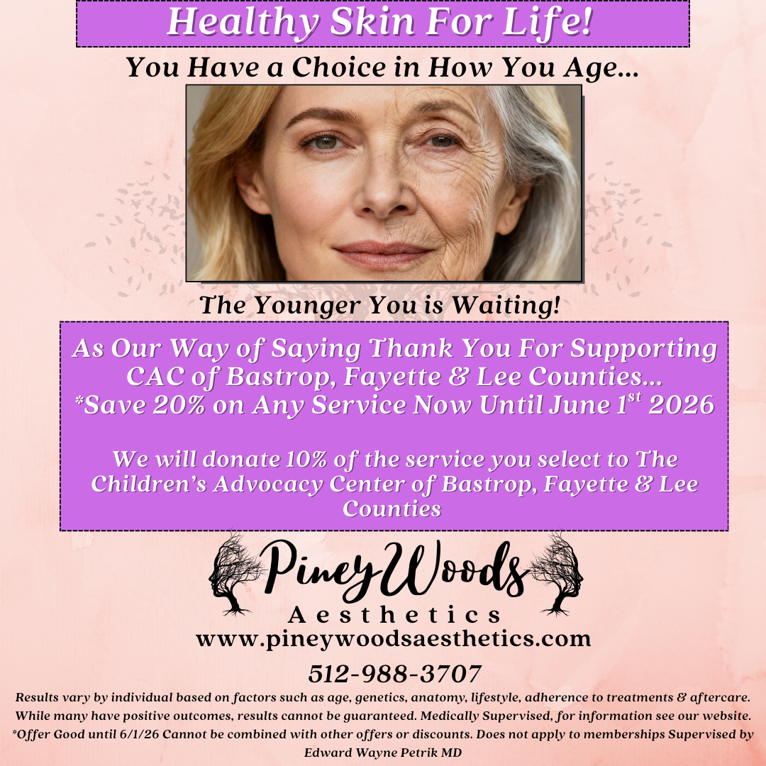 CAC Special2026 (1) Piney Woods Aesthetics skincare advertisement with discounts.